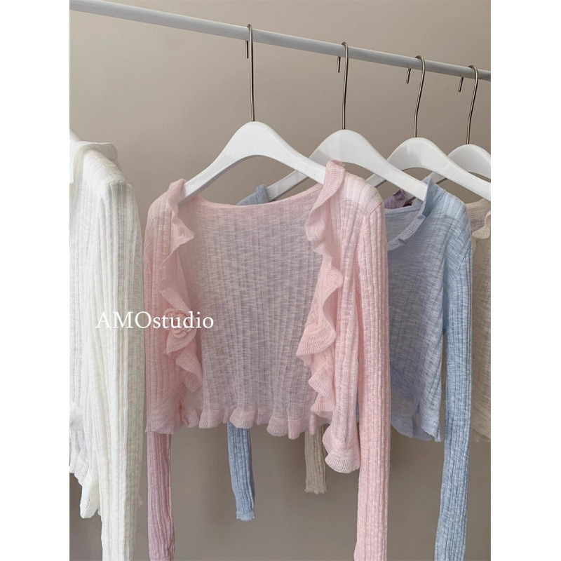 Summer Ruffled V-Neck Shawl with Ruffles, Sun-Protective Thin Long-Sleeve Ice Silk Knit Cardigan Paired with a Short Rose