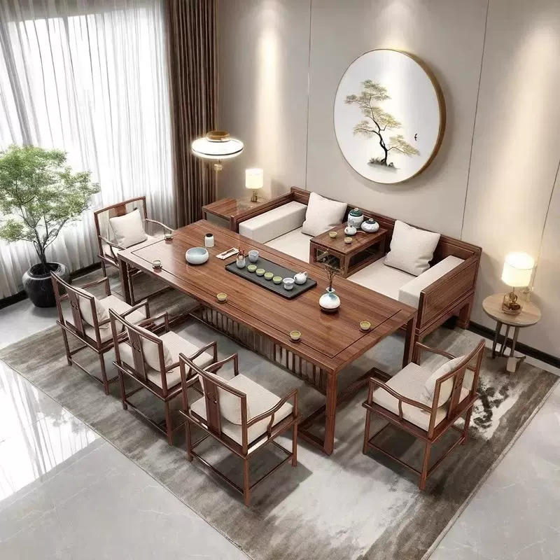 新中式屏风茶桌实木功夫茶几室内罗汉床沙发茶桌椅组合禅意泡茶台