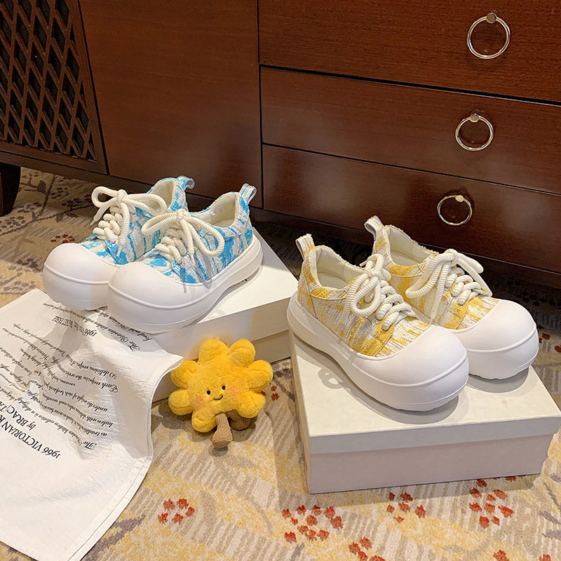 Giày loafer nữ đế xuồng platform 5cm, mũi tròn buộc dây, da thật — xanh lam, màu vàng