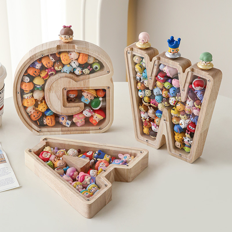 木质收纳字母相框泡泡玛特展示盒卡通扭蛋收纳盒透明存钱罐