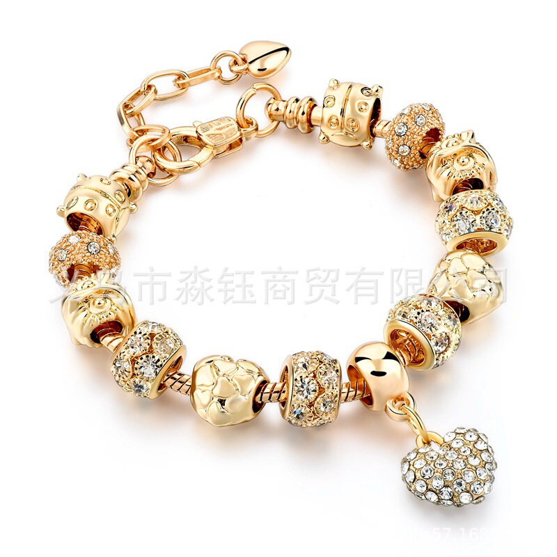 New Kc Gold Panjia Style Multi-Style Bracelets Full of Diamond Peach Heart Pendant Clay Diamond Alloy Large Hole Bracelet