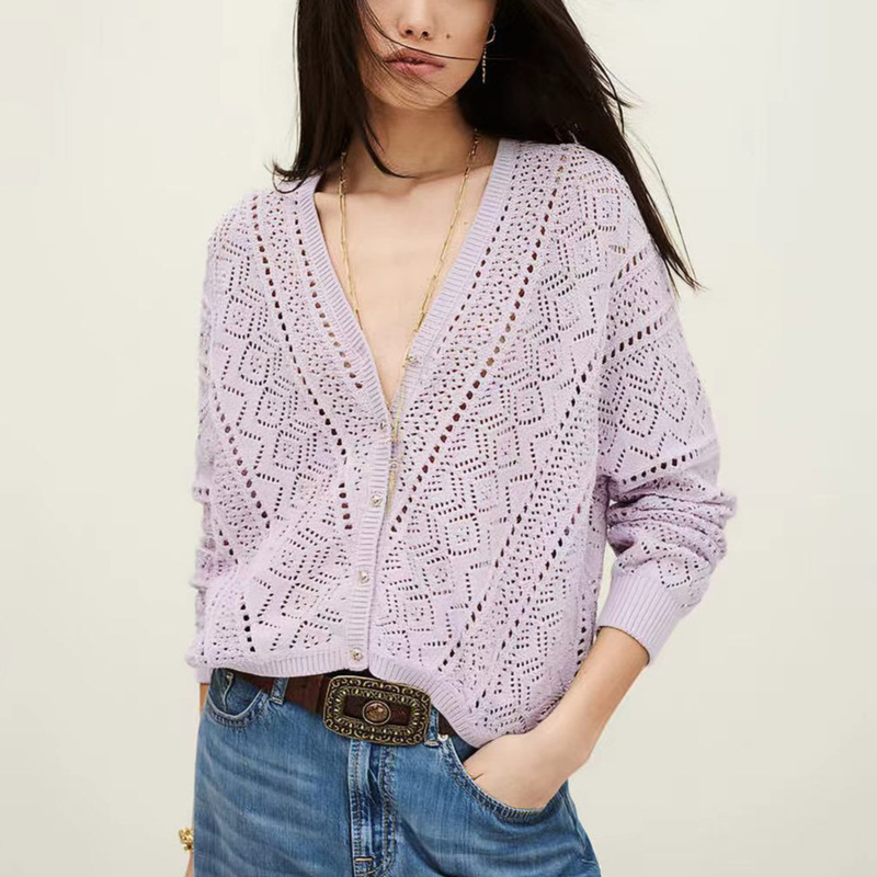 Factory Direct Sale of 26 New Autumn French-Style Hollow-Out Purple Knitted Cardigans with Hollow-Out Crochet V-Neck Loose Knit Design Factory Direct Sale of 26 New Autumn French-Style Hollow-Out Purple Knitted Cardigans with Hollow-Out Crochet V-Neck Loose Knit Design