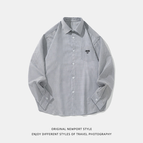 Retro Casual Color-blocked Vertical Striped Long-sleeve Shirt for Men Spring Summer Pocket Embroidered Couple Loose Collar Shirt Outerwear