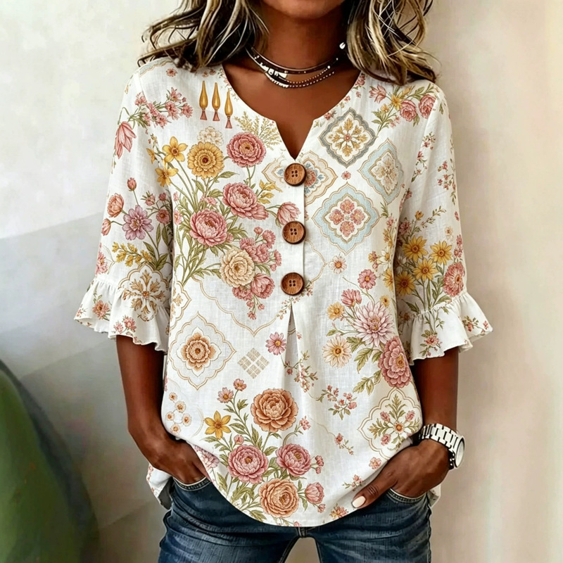 European and American Amazon Cross-Border New Women's Floral Digital Print Fashion Casual Loose Shirt, One-Piece Dropshipping European and American Amazon Cross-Border New Women's Floral Digital Print Fashion Casual Loose Shirt, One-Piece Dropshipping