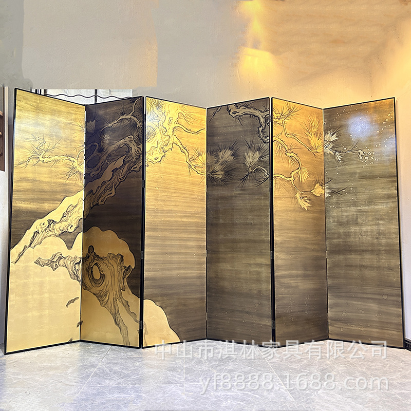 中古风手绘金箔松树屏风客厅大厅茶室办公室酒店装饰背景墙隔断
