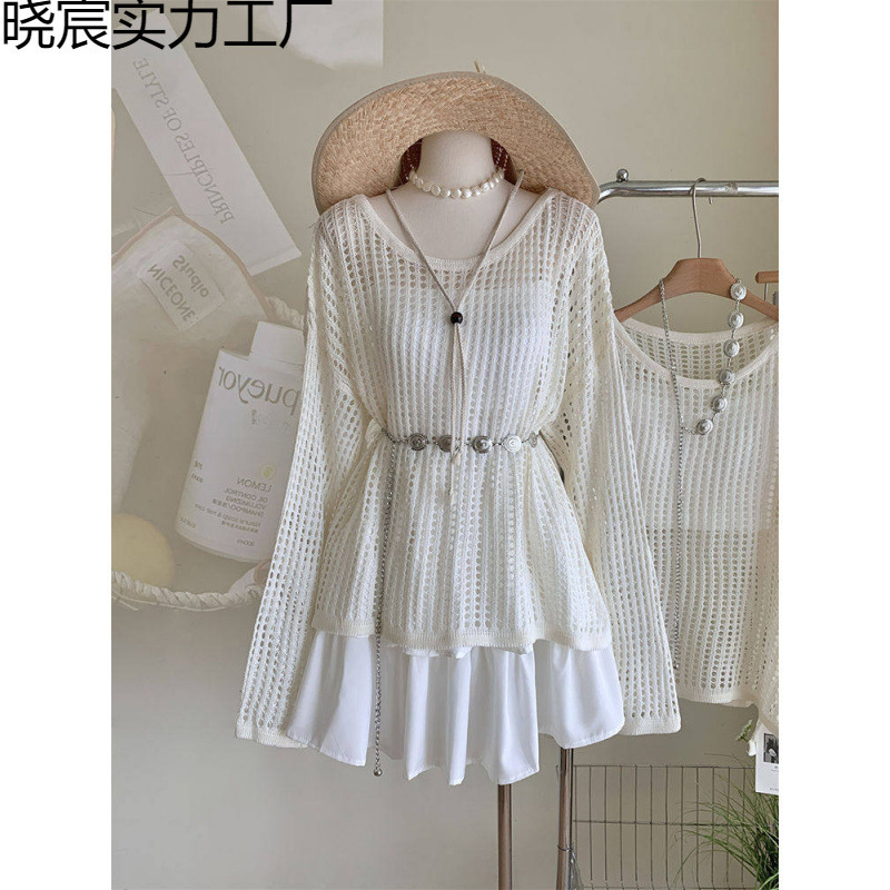 Gentle and Pure Style Hollow-Out Long-Sleeved Knitwear Two-Piece Set for Women, Summer Loose-Fitting Sun Protection Cover-Up Mid-Length Top