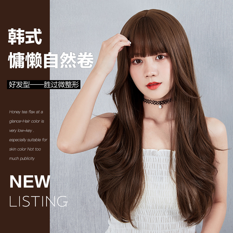 Peluca de pelo largo de las mujeres onda grande Pelo Rizado largo moda natural aire flequillo simulación pelo red reparación de la cara roja cubierta de la cabeza completa