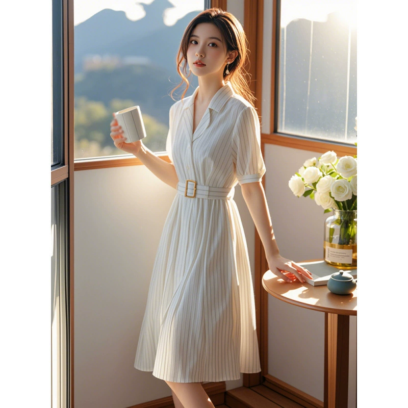 Летнее платье 2025 года нового стиля для женщин: утягивающее, подчеркивающее рост, французское, простое, элегантное, белое в полоску.