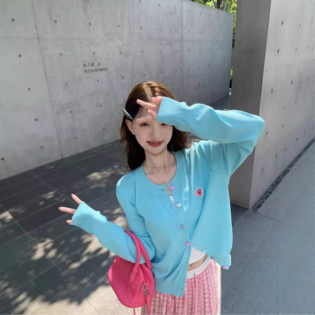 (2개) 가을 한국식 라이트 블루 슬림핏 긴팔 니트 카디건 스웨터 드로스트링 플레이드 카미솔