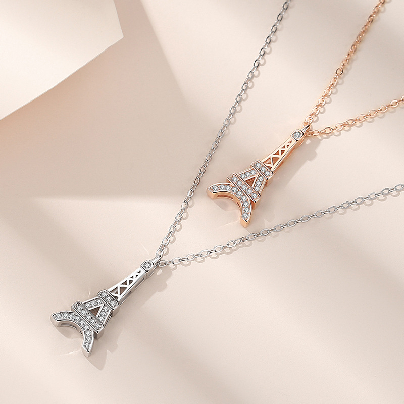 Plata esterlina S925 mini París Torre diamante estilo europeo y americano collar de moda amor romántico creativo plata clavícula cadena