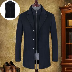 Autumn and Winter Woolen Jacket Men's Middle-Aged Stand-Up Collar Business Casual Mid-Length Dad Winter Thickeneded Jacket