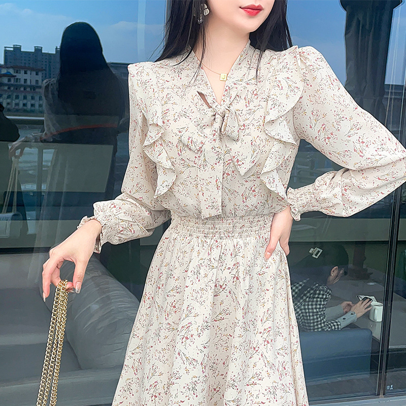 Gentle style ruffled lace-up waist mid-length dress women's spring and autumn French style long sleeve chiffon floral dress