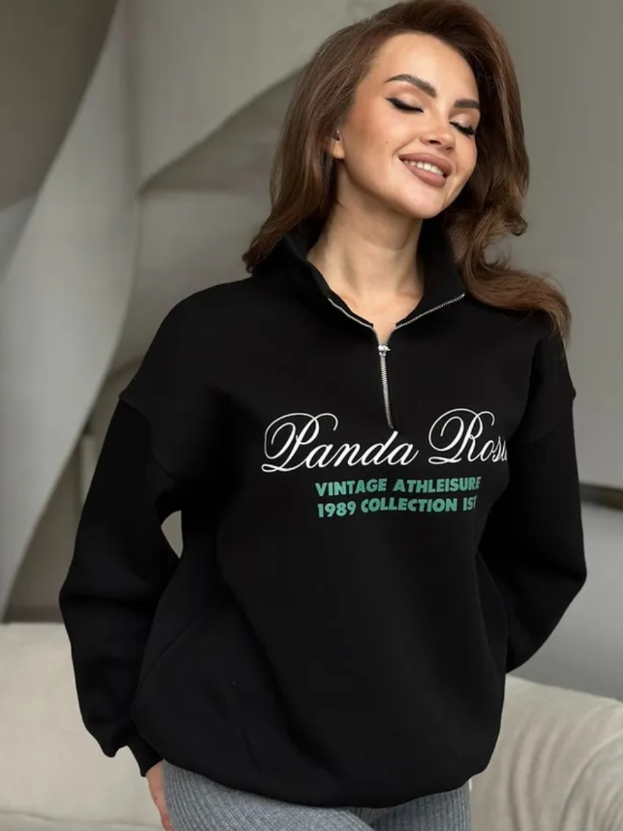 Felpa con cappuccio, mezza zip, calda, larga, foderata in pile, autunno-inverno, versatile, con stampa sul davanti_voghion.com