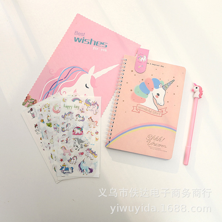 现货独角兽A5线圈本文具套装卡通笔袋黑色中性笔套装欧美外贸批发