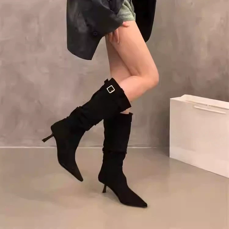 Khaki summer retro high boots, mid-length