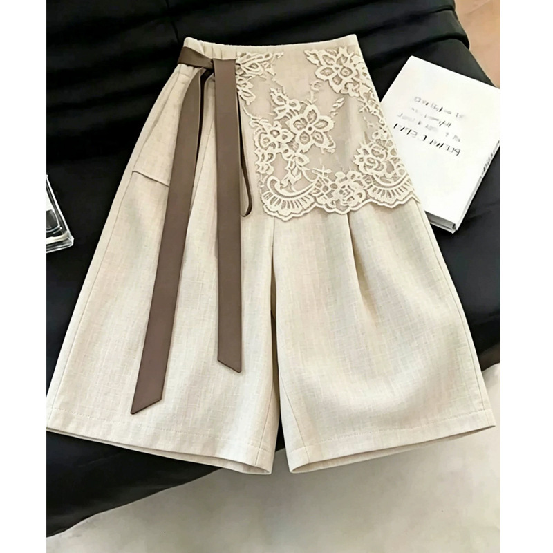 Raw Linen Color Lace Splicing Faux Two-Piece Linen Shorts for Women 2026 Summer New Slimming Fashion Wide-Leg Straight Pants