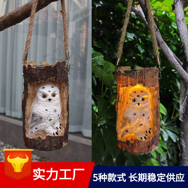 Amazon Venta caliente solar tocón búho patio jardín Villa decoración colgante lámpara simulación árbol madera