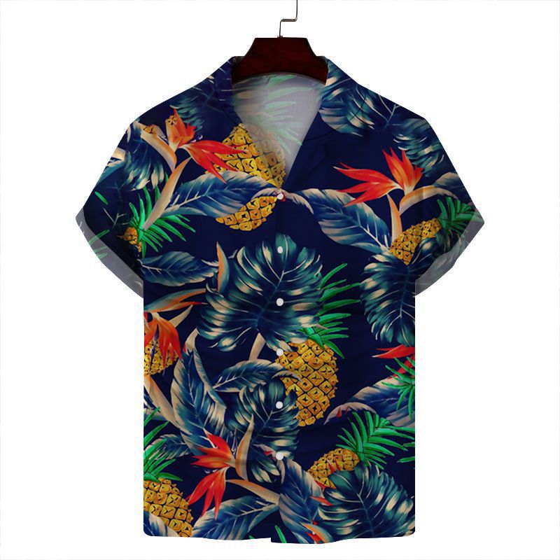 2024 verano hombre delgado casual cuello cubano moda cara hawaiana elástica camisa de manga corta con estampado digital 3D