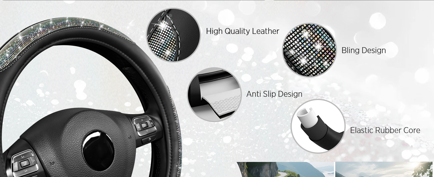 15inch Leather steering wheel cover with diamond inlay, fully enclosed, snug fit, non-slip, wear-resistant car steering wheel protector