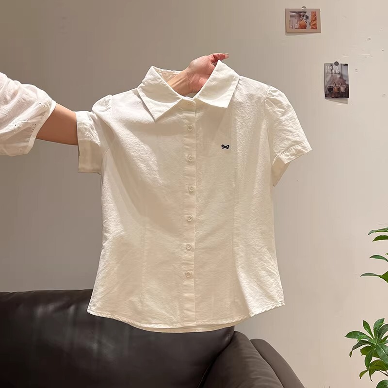 Clearance Sale ~ White Short Sleeve Shirt for Women with Embroidery, Loose Fit, Slimming, Versatile Short Top Shirt