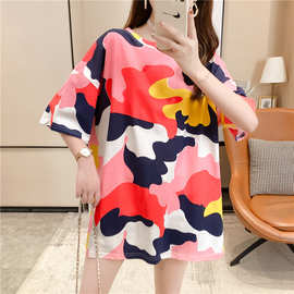 迷彩短袖t恤女宽松大版ins潮下身失踪早春2022新款中长款扎染上衣