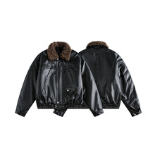 北界男装 美式潮牌2025冬季新款可拆毛领PU皮衣夹克加厚棉服外套