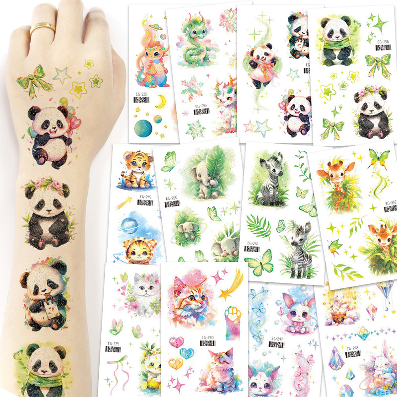 Children's Tattoo Sticker Glitter Pink Cute Small Animal Dragon Colorful Boys and Girls Cartoon Temporary Face Sticker Cross-border in stock
