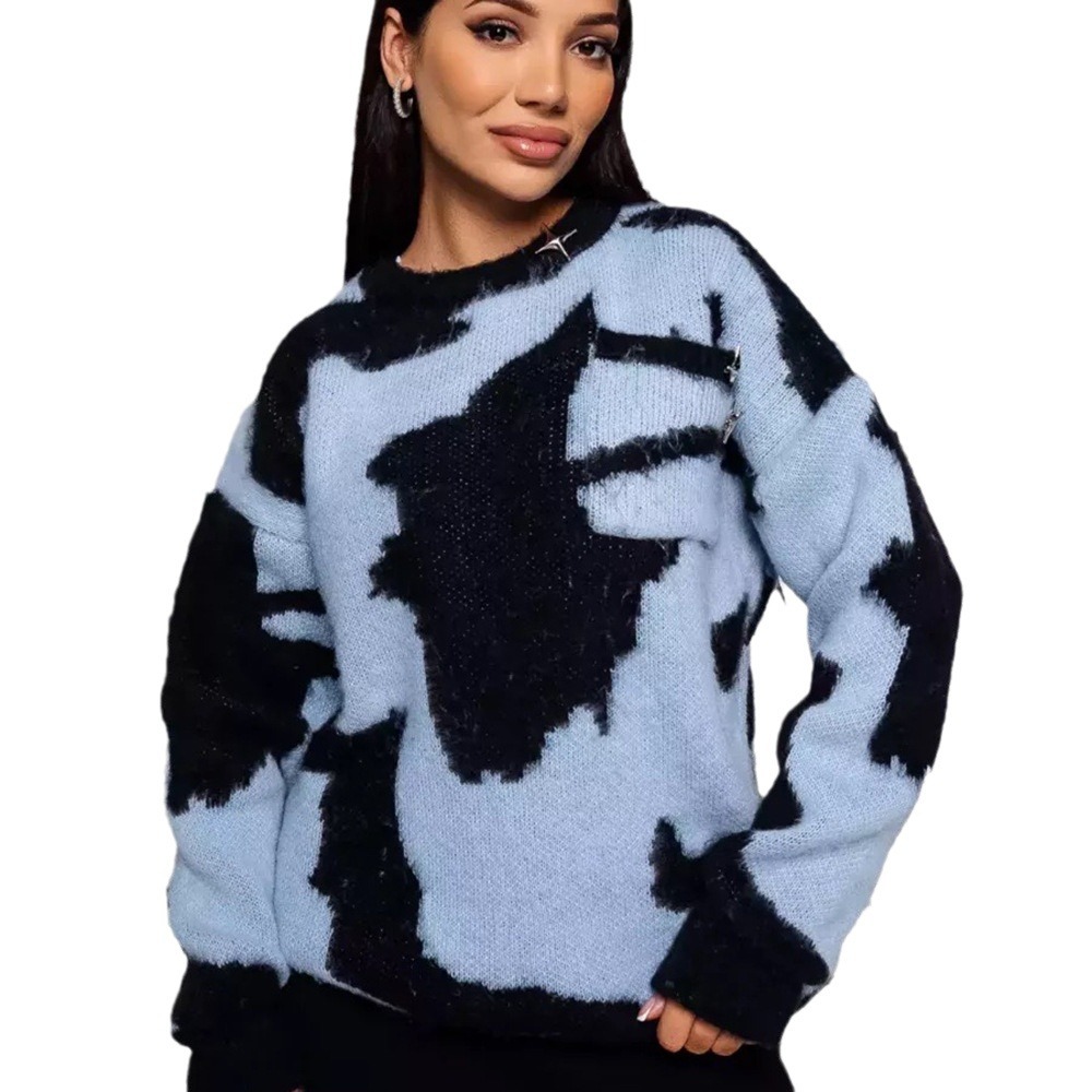 Suéter de punto holgado y moderno con cuello redondo y contraste de color para mujer, talla grande, otoño-invierno 2024._voghion.com