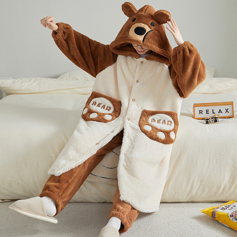 Men's Coral Velvet Pajamas Autumn and Winter Cartoon Men's Home Clothes Suit Hooded Can Be Worn Outside Thickened Velvet Pajamas