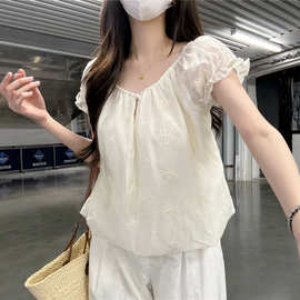实拍2026春季新款韩版天丝韩系提花小衫女短袖女