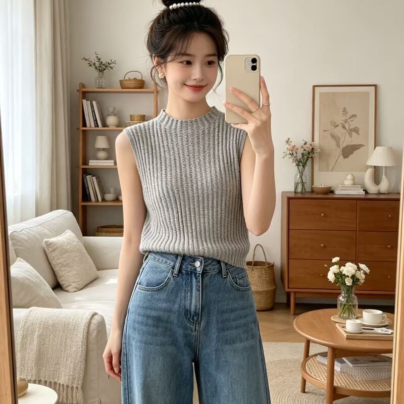 Lickysenior Small Turtleneck Vest, Half-Turtleneck Slim Fit, Elegant and Slimming, Sleeveless Knit Top Lickysenior Small Turtleneck Vest, Half-Turtleneck Slim Fit, Elegant and Slimming, Sleeveless Knit Top