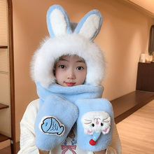 冬季儿童帽子围巾手套三件套可爱猫咪刺绣加绒加厚一体防风帽毛绒