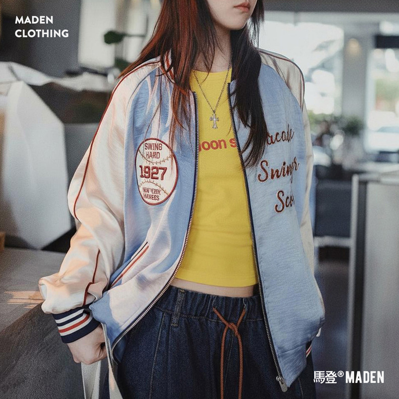 Maden American Retro Loose Yokosuka Heavy Embroidery Baseball Collar Jacket Satin Cardigan Coat for Women Spring
