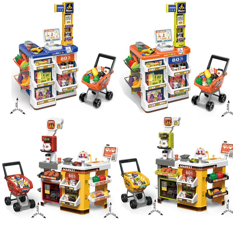 Los niños transfronterizos juegan a las casitas cocina simulación de pulverización supermercado carrito de compras cajero escáner juguete combinación traje