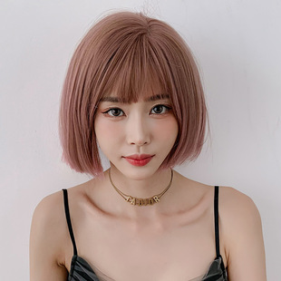 Factory wholesale wig women's short hair air bangs fluffy Bob pink full head set personality ear-length short hair