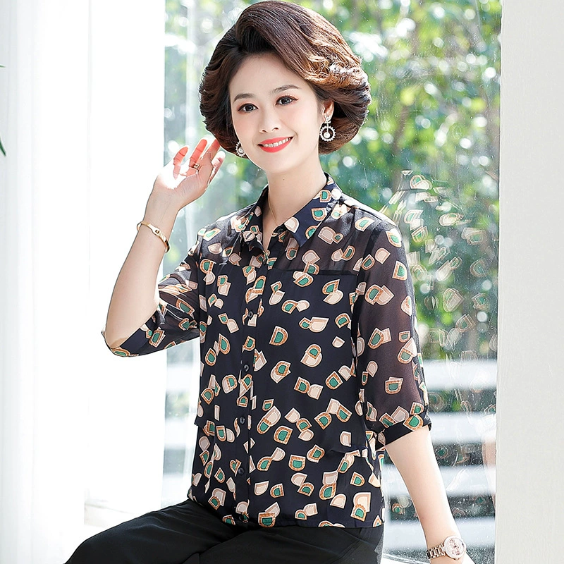Для мамы среднего возраста Летняя шифоновая рубашка с короткими рукавами в Корейском стиле, рубашка для женщин 40 лет 50 лет, для женщин среднего и пожилого возраста, женская верхняя одежда в западном стиле