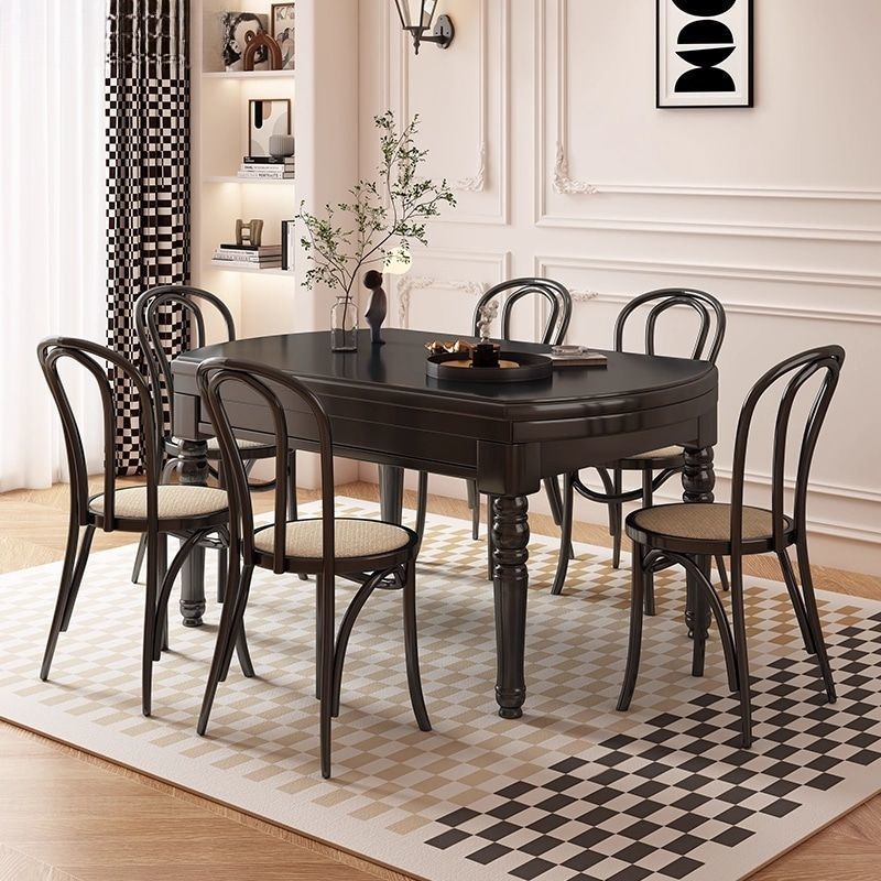 Medieval Style Solid Wood Dining Table and Chair Combination French Retractable Retro Square and Round Dual-Purpose Small Apartment Dining Table
