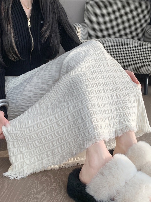 秋の新韓国スタイルプリーツドレープハイウエスト多用途ファッショナブルなストレートローエッジAラインスカート女性用|undefined