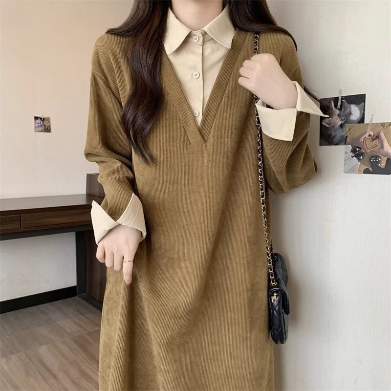 大码设计感假两件连衣裙子女秋冬季微胖mm遮肉显瘦慵懒风撞色长裙|undefined