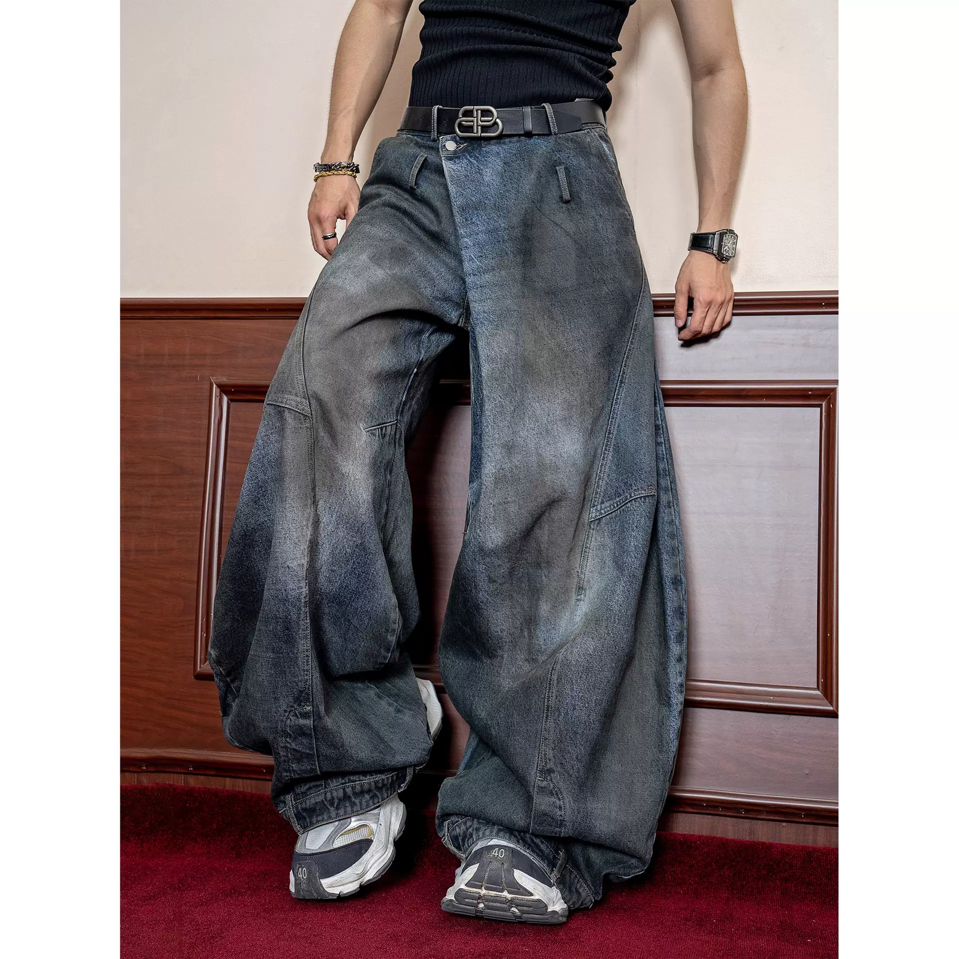 街头做旧擦色牛仔裤男2024秋季新款宽松设计感反转腰头阔腿长裤子