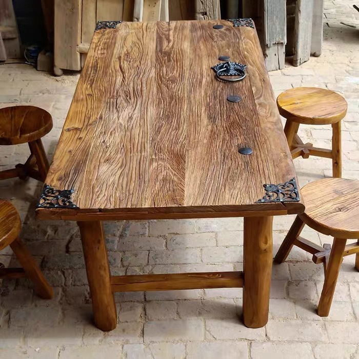 老榆木长方形餐桌餐家用旧门板面八仙桌实木复古风化禅意茶桌