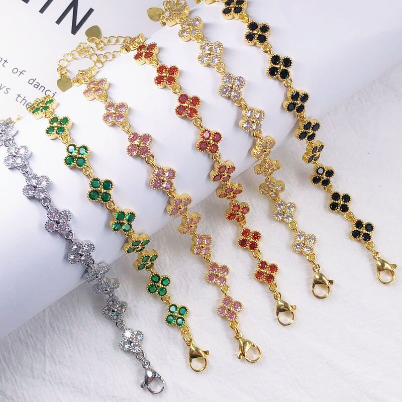 Amazon Cross-Border New Popular Luxury Full Diamond Color Zircon Four-Leaf Clover Bracelet Women's Copper Gold-Plated Platinum Jewelry Batch