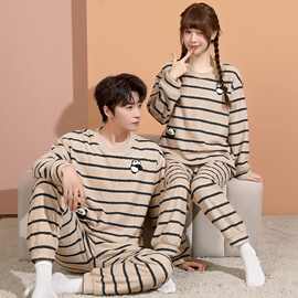 条纹熊猫外贸跨境情侣睡衣冬季加绒加厚珊瑚绒家居服男女款套装批