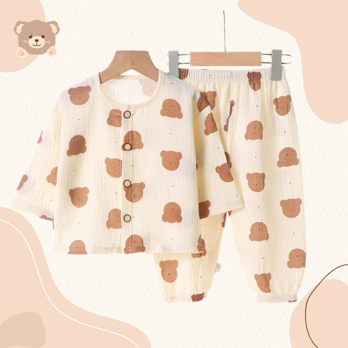 Children's new crepe cotton gauze pajamas for girls and boys, spring and summer home wear, long sleeve air conditioning suit set