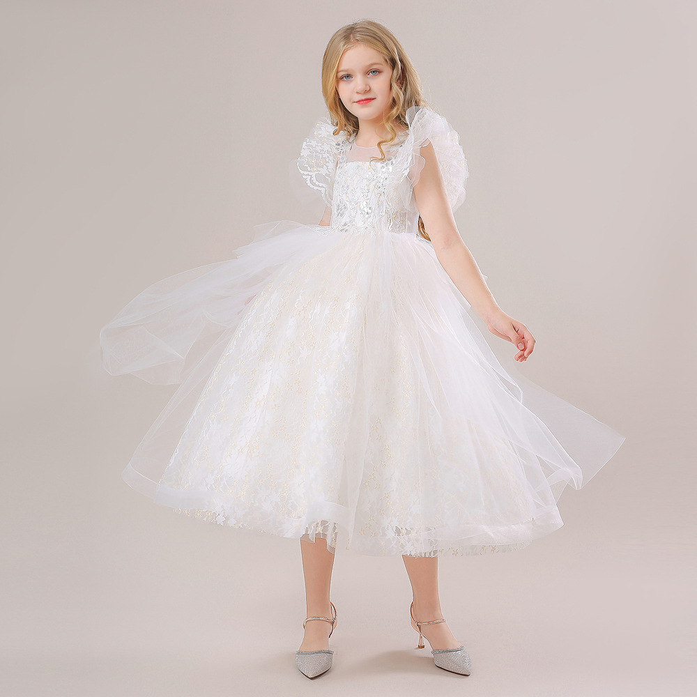 2024 europeo y americano nuevo vestido de las niñas vestido de princesa mullido mediano y grandes niños vestido de malla flor niña vestido de novia