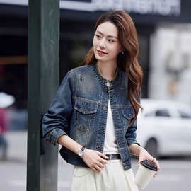 立领烫钻牛仔外套女短款2025春秋妈妈时尚高货宽松休闲复古牛仔衣