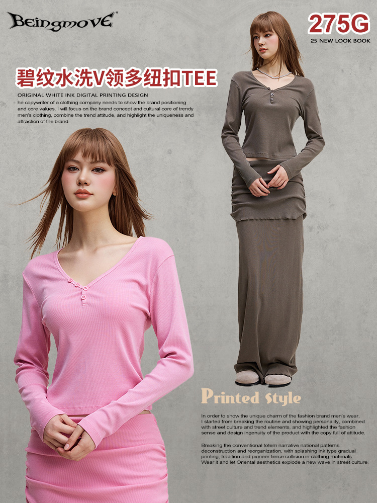 Calle secada| 2025 otoño americano botón de cuello en v camiseta de manga larga cintura delgada sexy camiseta de base para mujeres image 3