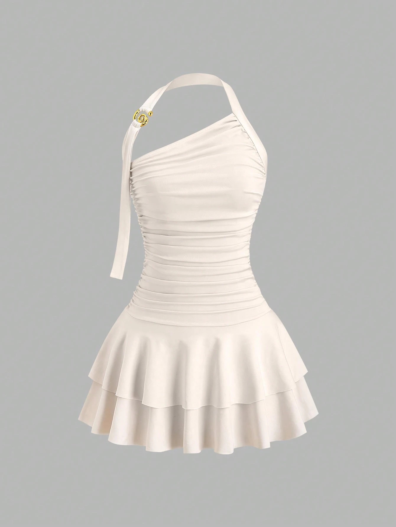Women's Clothing Solid Color Off-Shoulder Dress Fashion One Shoulder Halter Neck Slimming Waist Pleated Skirt Sexy Versatile_ecoleips.com