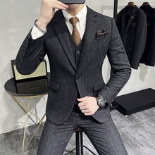 春秋新款加厚御寒一粒扣西装套装柔软羊毛格子呢料西服三件套男式