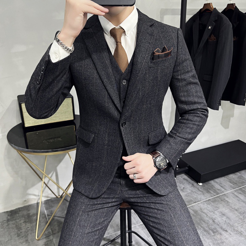 春秋新款加厚御寒一粒扣西装套装柔软羊毛格子呢料西服三件套男式